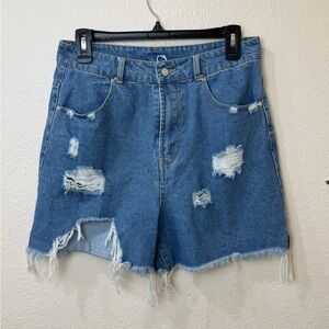 HYFVE Blue Distressed Jean Shorts blue high-rise  raw hem shorts